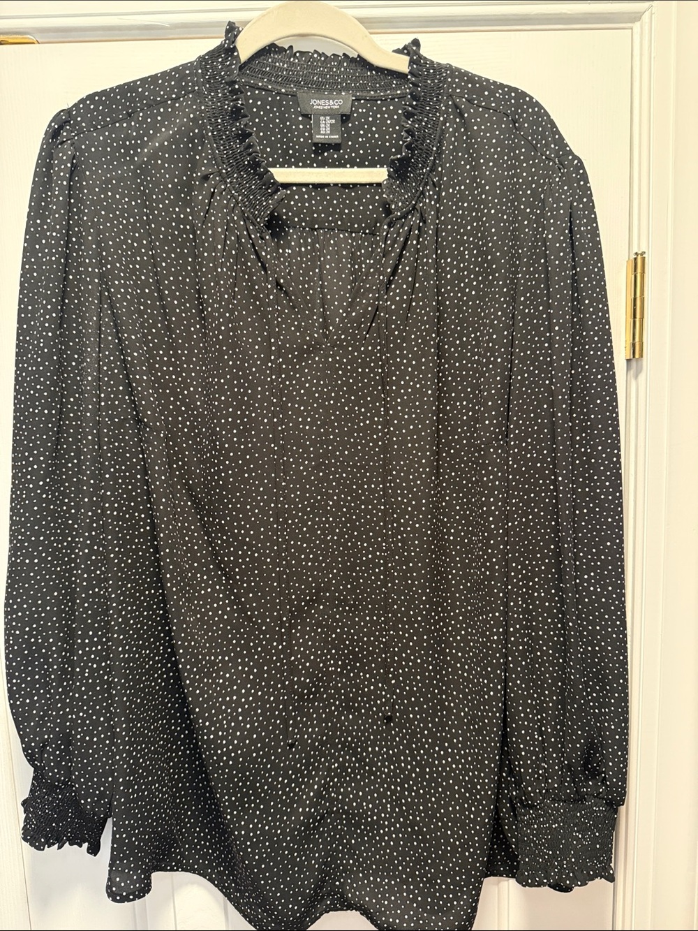 Jones New York Black Blouse with White Dot Print